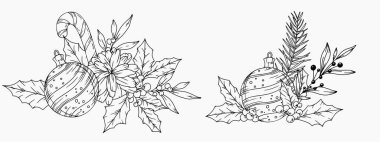 Kış yeşili, puantiyeli, kutsal ökseotu, çam kozalaklı El Çizimi Noel Botanikleri seti. Kış Bitkileri Taslağı. Noel Tasarımı. Noel Çiçek Tasarımı. Kış Tatili Dekorasyonu.