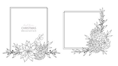 Kış yeşili, puantiyeli, kutsal ökseotu, çam kozalaklı El Çizimi Noel Botanikleri seti. Kış Bitkileri Taslağı. Noel Tasarımı. Noel Çiçek Tasarımı. Kış Tatili Dekorasyonu