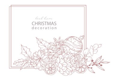 Kış yeşili, puantiyeli, kutsal ökseotu, çam kozalaklı El Çizimi Noel Botanikleri seti. Kış Bitkileri Taslağı. Noel Tasarımı. Noel Çiçek Tasarımı. Kış Tatili Dekorasyonu