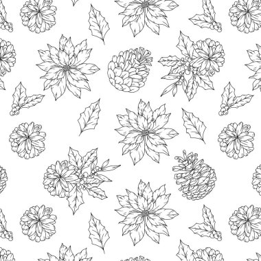 El yapımı Noel Arkaplanı. Moda Yeşilliği ile Noelsiz Desen. Noel Çizgisi Sanatı. Kış yeşilliği pürüzsüz desen. Lüks duvar kağıtları, tekstil, kartlar, etiketler için Noel deseni