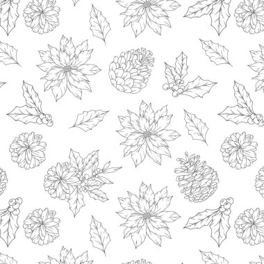 El yapımı Noel Arkaplanı. Moda Yeşilliği ile Noelsiz Desen. Noel Çizgisi Sanatı. Kış yeşilliği pürüzsüz desen. Lüks duvar kağıtları, tekstil, kartlar, etiketler için Noel deseni