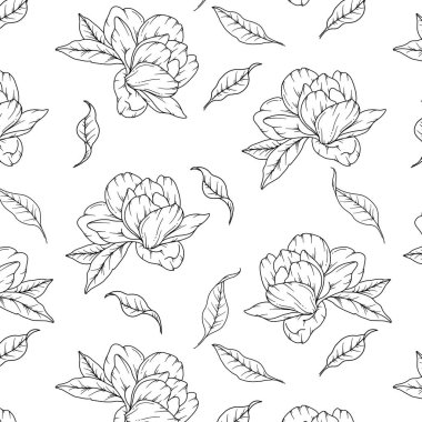 El Manolya Arkaplanı. Manolya Kusursuz Desensiz Moda Grafikleri. Magnolia Hattı Sanatı. Bahar çiçekleri pürüzsüz desen. Lüks duvar kağıtları, tekstil, düğün davetiyeleri, kartlar, etiketler için manolya deseni.