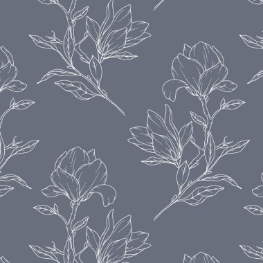 El Manolya Arkaplanı. Manolya Kusursuz Desensiz Moda Grafikleri. Magnolia Hattı Sanatı. Bahar çiçekleri pürüzsüz desen. Lüks duvar kağıtları, tekstil, düğün davetiyeleri, kartlar, etiketler için manolya deseni.