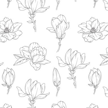 El Manolya Arkaplanı. Manolya Kusursuz Desensiz Moda Grafikleri. Magnolia Hattı Sanatı. Bahar çiçekleri pürüzsüz desen. Lüks duvar kağıtları, tekstil, düğün davetiyeleri, kartlar, etiketler için manolya deseni.