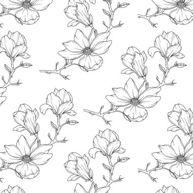 El Manolya Arkaplanı. Manolya Kusursuz Desensiz Moda Grafikleri. Magnolia Hattı Sanatı. Bahar çiçekleri pürüzsüz desen. Lüks duvar kağıtları, tekstil, düğün davetiyeleri, kartlar, etiketler için manolya deseni.