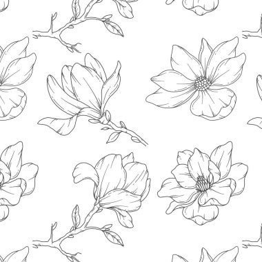 El Manolya Arkaplanı. Manolya Kusursuz Desensiz Moda Grafikleri. Magnolia Hattı Sanatı. Bahar çiçekleri pürüzsüz desen. Lüks duvar kağıtları, tekstil, düğün davetiyeleri, kartlar, etiketler için manolya deseni.