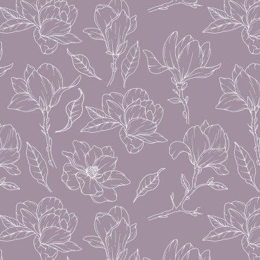 El Manolya Arkaplanı. Manolya Kusursuz Desensiz Moda Grafikleri. Magnolia Hattı Sanatı. Bahar çiçekleri pürüzsüz desen. Lüks duvar kağıtları, tekstil, düğün davetiyeleri, kartlar, etiketler için manolya deseni.