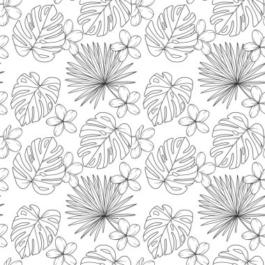 Tropik Bitkiler Arkaplanı. Tropikal Kusursuz Moda Grafikleri. Tropik Çiçekler ve Yaprak Çizgisi Sanatı. Tropikal çiçekler pürüzsüz desen 