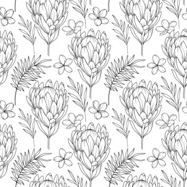 Tropik Bitkiler Arkaplanı. Tropikal Kusursuz Moda Grafikleri. Tropik Çiçekler ve Yaprak Çizgisi Sanatı. Tropikal çiçekler pürüzsüz desen 