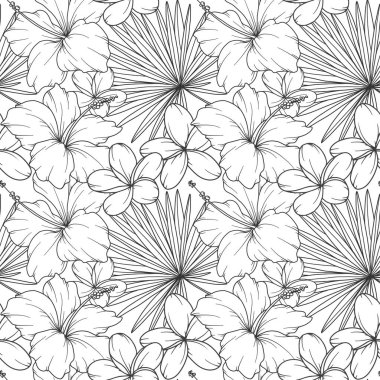 Tropik Bitkiler Arkaplanı. Tropikal Kusursuz Moda Grafikleri. Tropik Çiçekler ve Yaprak Çizgisi Sanatı. Tropikal çiçekler pürüzsüz desen 