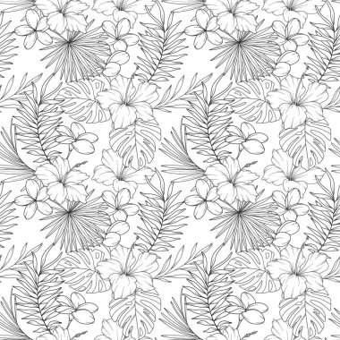 Tropical Plants Background. Tropical Seamless Pattern Trendy graphics. Tropical Flowers and Leaves Line Art. Tropical flowers seamless pattern  clipart