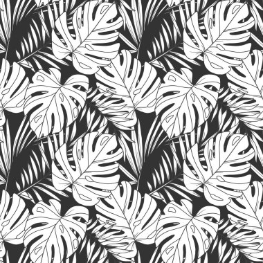 Tropik Bitkiler Arkaplanı. Tropikal Kusursuz Moda Grafikleri. Tropik Çiçekler ve Yaprak Çizgisi Sanatı. Tropikal çiçekler pürüzsüz desen 