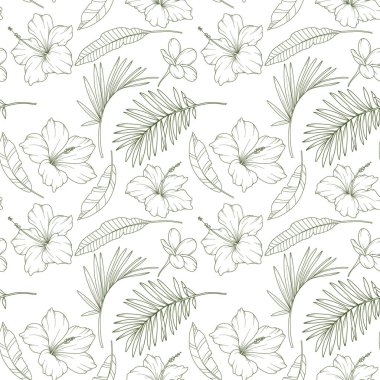 Tropik Bitkiler Arkaplanı. Tropikal Kusursuz Moda Grafikleri. Tropik Çiçekler ve Yaprak Çizgisi Sanatı. Tropikal çiçekler pürüzsüz desen 