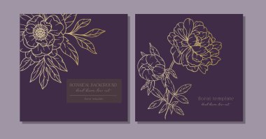 Şakayık Çiçekleri Hattı. Çizgi Sanat Şakayıkları. Popüler minimalist şakayıkların olduğu altın botanik arka plan. Lüks Çiçek Hattı Sanat İllüstrasyonu. 