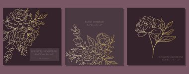 Şakayık Çiçekleri Hattı. Çizgi Sanat Şakayıkları. Popüler minimalist şakayıkların olduğu altın botanik arka plan. Lüks Çiçek Hattı Sanat İllüstrasyonu. 