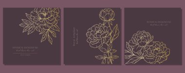 Şakayık Çiçekleri Hattı. Çizgi Sanat Şakayıkları. Popüler minimalist şakayıkların olduğu altın botanik arka plan. Lüks Çiçek Hattı Sanat İllüstrasyonu. 