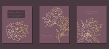 Şakayık Çiçekleri Hattı. Çizgi Sanat Şakayıkları. Popüler minimalist şakayıkların olduğu altın botanik arka plan. Lüks Çiçek Hattı Sanat İllüstrasyonu. 