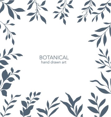 Botanik çerçevesi. Yeşillik Çizgisi Sanatı. Botanik arka plan modasına uygun minimalist yapraklar ve dallar. El çizimi çiçek elementleri. Çiçek Hattı Sanat İllüstrasyonu