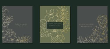 Tropikal Çiçekler Hattı. Çizgi Sanat Tropikal Bitkileri. Trend minimalist tropikal bitkiler ve çiçeklerle botanik arka plan. Lüks Çiçek Hattı Sanat İllüstrasyonu. 