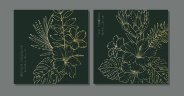 Tropikal Çiçekler Hattı. Çizgi Sanat Tropikal Bitkileri. Trend minimalist tropikal bitkiler ve çiçeklerle botanik arka plan. Lüks Çiçek Hattı Sanat İllüstrasyonu. 