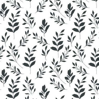 Çiçeksiz desen. Yeşillik arka planı. Çevre dostu bir geçmiş. Yapraklar, dallar, yapraklar, bitkiler elle çizilmiş siluet tasarımı. Zarif, pürüzsüz arka plan. Sonsuz şablon minimalist tarzı.