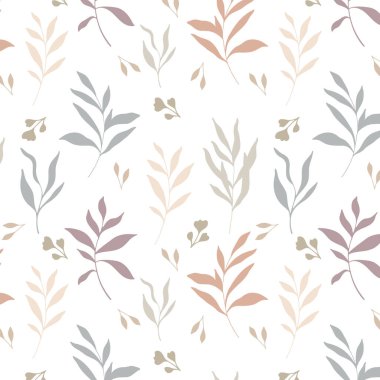 Çiçeksiz desen. Yeşillik arka planı. Çevre dostu bir geçmiş. Yapraklar, dallar, yapraklar, bitkiler elle çizilmiş siluet tasarımı. Zarif, pürüzsüz arka plan. Sonsuz şablon minimalist tarzı.