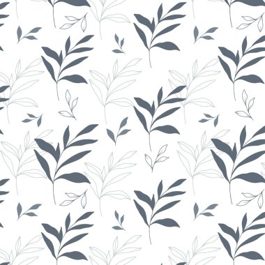 Çiçeksiz desen. Yeşillik arka planı. Çevre dostu bir geçmiş. Yapraklar, dallar, yapraklar, bitkiler elle çizilmiş siluet tasarımı. Zarif, pürüzsüz arka plan. Sonsuz şablon minimalist tarzı.