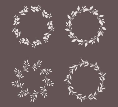 Çiçek çelenkleri hazır. Yaprakları ve dalları siluetli modaya uygun çiçek çerçeveleri. Dalların el çizimi siluetleri. Botanik Çizgisi Sanatı. El çizimi grafikler. Zarif düğün davetiyeleri, tarihi kaydedin.