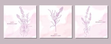 Kadınlar Günü Posteri. 8 Mart için çiçek posteri seti. Çiçek Tasarımı Kadınlar Günü tebrik kartları. Çiçek Çizgisi Sanatı ile Kadın Günü arka plan şablonları. 