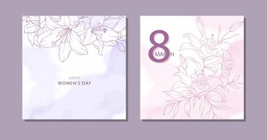 Kadınlar Günü Posteri. 8 Mart için çiçek posteri seti. Çiçek Tasarımı Kadınlar Günü tebrik kartları. Çiçek Çizgisi Sanatı ile Kadın Günü arka plan şablonları. 