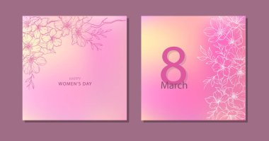 Kadınlar Günü Kartı. 8 Mart için çiçek posteri seti. Çiçek Tasarımı Kadınlar Günü tebrik kartları. Çiçek Çizgisi Sanatı ile Kadın Günü arka plan şablonları. 