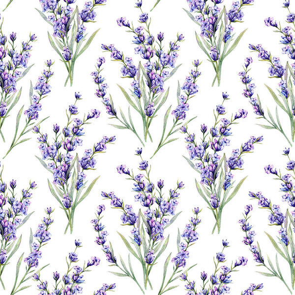 Лавандовая бесшовная фоновая иллюстрация. Лавандовый бесшовный рисунок. Цветочный фон с фиолетовой лавандой. Весенний летний ботанический фон для обоев, свадьбы, оберточной бумаги, текстиля