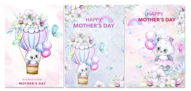 Anneler Günü kartı. Anneler Günü için posterler. Tatlı hayvanlı suluboya çiçek tasarımı Anneler Günü tebrik kartları. Çiçekli Suluboya ile Anneler Günü arkaplan şablonları