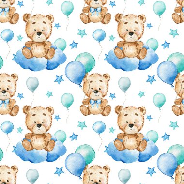 Beyaz üzerine oyuncak ayı suluboya serpiştirilmiş kreşsiz bir arka plan. Oyuncak ayı pürüzsüz deseni. Yavru hayvanlarla suluboya arka plan. Çocuklar için çocuk yuvası. Yavrum.