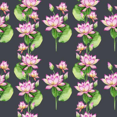 Çiçeksiz arka plan suluboya. Su zambağı kusursuz desen. Su Zambağı 'nın çiçek arkaplanı. Temmuz ayı çiçeği. Duvar kağıtları, ambalaj kağıdı, tekstil için botanik arka plan