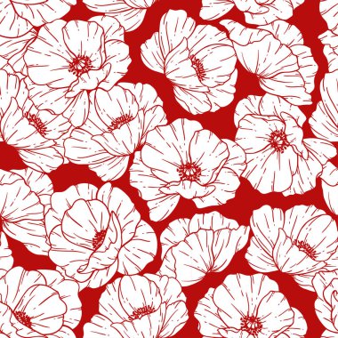 Çiçeksiz desen. Haşhaş arka planı. Çevre dostu bir geçmiş. Haşhaş çiçekleri ve yeşillik el çizimi sanat tasarımı. Zarif, pürüzsüz arka plan. Sonsuz şablon minimalist tarzı.