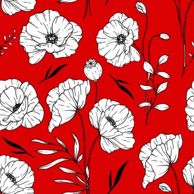 Çiçeksiz desen. Haşhaş arka planı. Çevre dostu bir geçmiş. Haşhaş çiçekleri ve yeşillik el çizimi sanat tasarımı. Zarif, pürüzsüz arka plan. Sonsuz şablon minimalist tarzı.