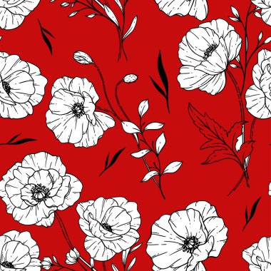 Çiçeksiz desen. Haşhaş arka planı. Çevre dostu bir geçmiş. Haşhaş çiçekleri ve yeşillik el çizimi sanat tasarımı. Zarif, pürüzsüz arka plan. Sonsuz şablon minimalist tarzı.