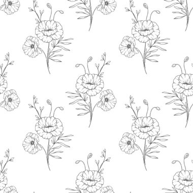 Çiçeksiz desen. Haşhaş arka planı. Çevre dostu bir geçmiş. Haşhaş çiçekleri ve yeşillik el çizimi sanat tasarımı. Zarif, pürüzsüz arka plan. Sonsuz şablon minimalist tarzı.