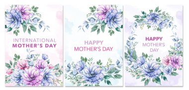 Anneler Günü kartı. Anneler Günü için posterler. Tatlı hayvanlı suluboya çiçek tasarımı Anneler Günü tebrik kartları. Çiçekli Suluboya ile Anneler Günü arkaplan şablonları