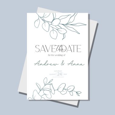 Çizgi Sanat Okaliptüsü. Eucayptus Düğün Davetiye Şablonu, Özet Minimalist Düğün Tasarımı, Yeşillik Düğün Davetiyesi Şablonu