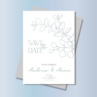 Çizgi Sanat Okaliptüsü. Eucayptus Düğün Davetiye Şablonu, Özet Minimalist Düğün Tasarımı, Yeşillik Düğün Davetiyesi Şablonu