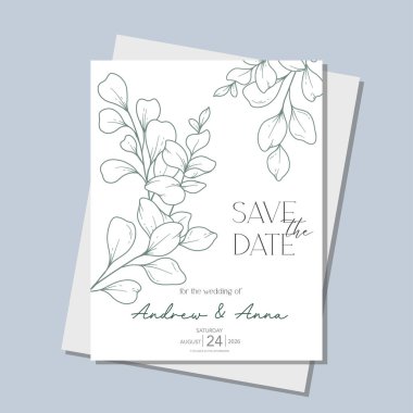 Çizgi Sanat Okaliptüsü. Eucayptus Düğün Davetiye Şablonu, Özet Minimalist Düğün Tasarımı, Yeşillik Düğün Davetiyesi Şablonu