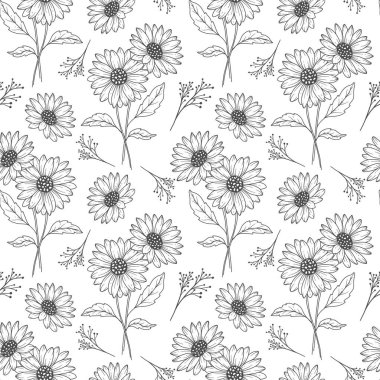 Çiçeksiz arka plan sanatı. Papatya pürüzsüz desen. Daisy ile çiçek geçmişi. Nisan ayı çiçek hattı sanatı. Ambalaj kağıdı, tekstil için botanik arkaplan