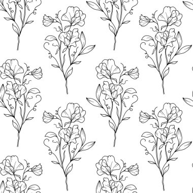 Çiçeksiz arka plan sanatı. Tatlı bezelye pürüzsüz desen. Tatlı bezelyeli çiçek arkaplanı. Nisan ayı çiçek hattı sanatı. Ambalaj kağıdı, tekstil için botanik arkaplan