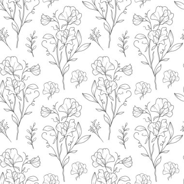 Çiçeksiz arka plan sanatı. Tatlı bezelye pürüzsüz desen. Tatlı bezelyeli çiçek arkaplanı. Nisan ayı çiçek hattı sanatı. Ambalaj kağıdı, tekstil için botanik arkaplan