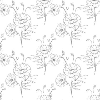 Çiçeksiz arka plan sanatı. Haşhaş desenli. Poppy 'nin çiçekli geçmişi. Ağustosta doğacak çiçek koleksiyonu. Ambalaj kağıdı, tekstil için botanik arkaplan