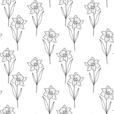 Çiçeksiz arka plan sanatı. Narcissus kusursuz desen. Narcissus 'un çiçekli geçmişi. Aralık ayı çiçek hattı sanatı. Ambalaj kağıdı, tekstil için botanik arkaplan