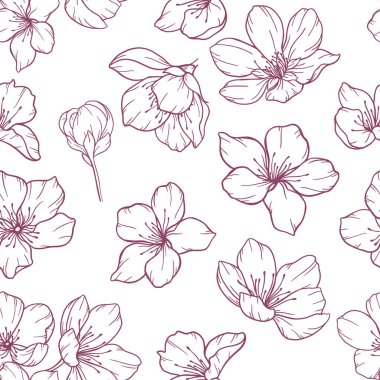 Sakura ile çiçek desenli. Kiraz çiçeği geçmişi. Eko arka plan. Kiraz çiçeği ve yeşilimsi el çizimi sanat tasarımı. Zarif, kusursuz arka plan minimalist tarzı