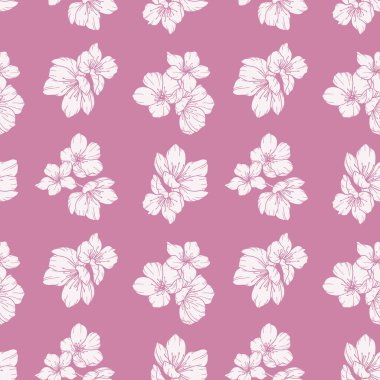 Sakura ile çiçek desenli. Kiraz çiçeği geçmişi. Eko arka plan. Kiraz çiçeği ve yeşilimsi el çizimi sanat tasarımı. Zarif, kusursuz arka plan minimalist tarzı